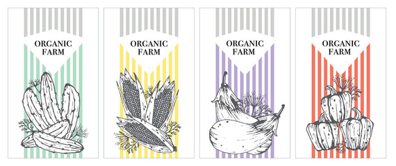 Vegetarian vegetables template collection. Natural products from a vegetable farm on a striped background. Kitchen textiles.