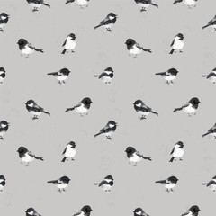 Seamless pattern with little birds hand drawn with ink on grey background. Can be used for wallpaper, pattern fills, textile, web page background, surface textures.