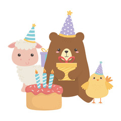 Fototapeta premium Bear sheep and chicken with happy birthday icon design