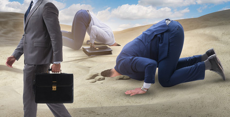 Businessman hiding his head in sand escaping from problems