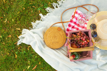 Picnic, flat lay outdoor recreation, family picnic background with space. Summer and mood. Weekend and vacation.