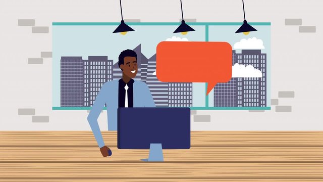 afro businessman using computer in the office animation