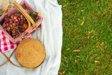 Picnic, flat lay outdoor recreation, family picnic background with space. Summer and mood. Weekend...
