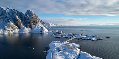 Landscape of winter lofoten taken from the drone