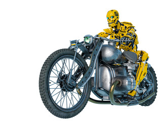yellow bee android is riding a motorcycle side view
