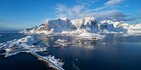 Landscape of winter lofoten taken from the drone