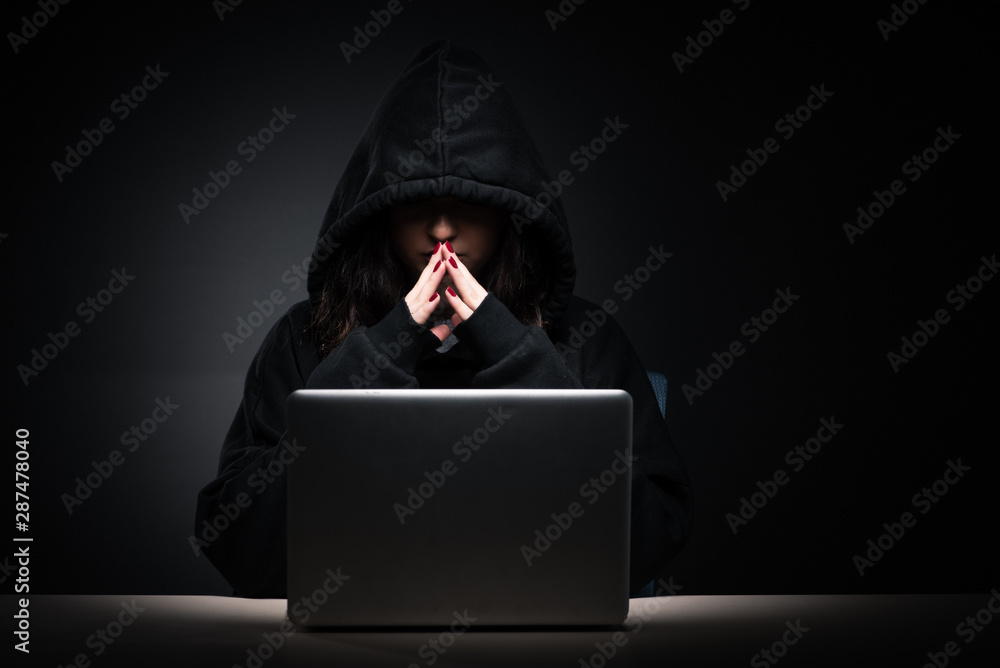Poster female hacker hacking security firewall late in office