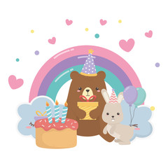 Bear and rabbit with happy birthday icon design