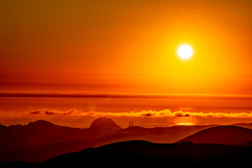 Afternoon Sunset over Ocean, Mountains, Hills