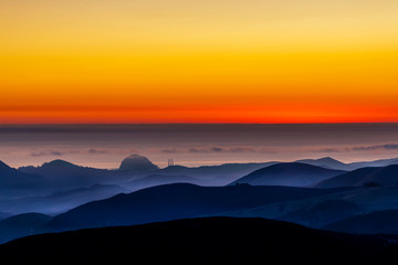 Setting Sun, Ocean, Mountains, Silhouette 