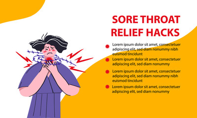 Vector illustration. Sore throat, girl character holds hands at the throat.