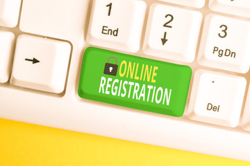 Text sign showing Online Registration. Business photo text System for subscribing or registering...