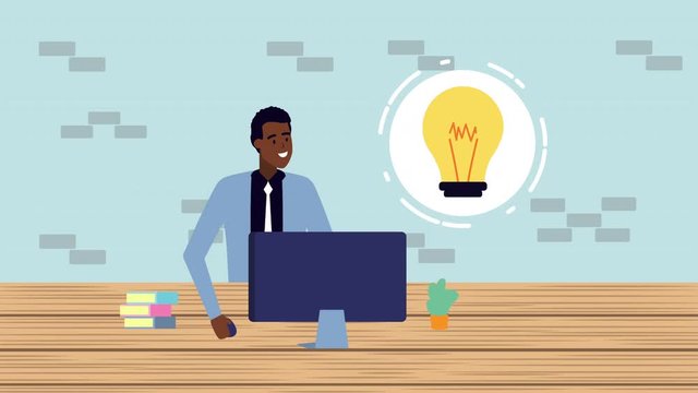 afro businessman using computer in the office animation