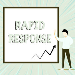 Word writing text Rapid Response. Business photo showcasing Medical emergency team Quick assistance during disaster View young man standing pointing up blank rectangle Geometric background