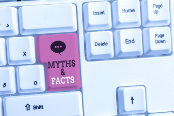 Text sign showing Myths And Facts. Business photo showcasing usually traditional story of...