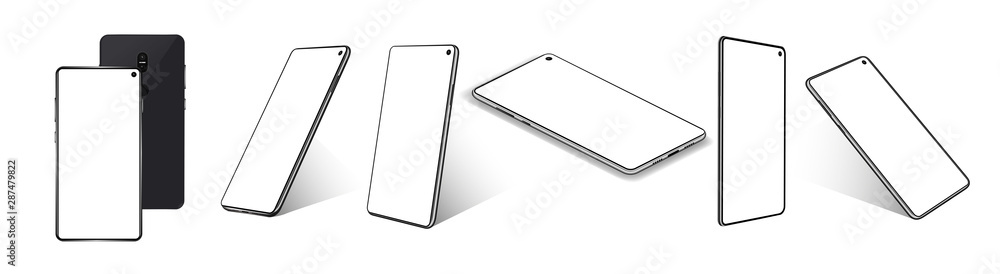 Poster Set Realistic Smartphones at different angles. 3D Mobile gadgets Mockups,  rotated positions, isometric, perspective, front view. Template for presentation. UI design blank screen. Mockups vector set