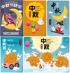Vintage Mid Autumn Festival poster design with the Chinese Goddess of Moon & rabbit character. Chinese translate: Mid Autumn Festival. Stamp: Fifteen of August. - obrazy, fototapety, plakaty
