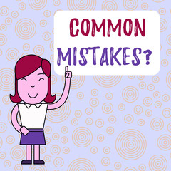 Text sign showing Common Mistakes Question. Business photo text repeat act or judgement misguided making something wrong Woman Standing with Raised Left Index Finger Pointing at Blank Text Box
