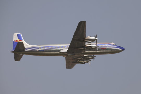 BUDAPEST, HUNGARY - MAY 1: Restored DC-6 Flying as part of the air show on May 1 celebration of 2014, Budapest, Hungary.