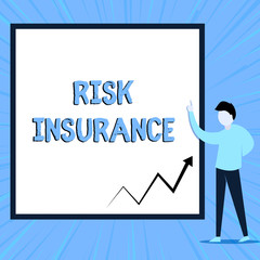 Word writing text Risk Insurance. Business photo showcasing The possibility of Loss Damage against the liability coverage View young man standing pointing up blank rectangle Geometric background