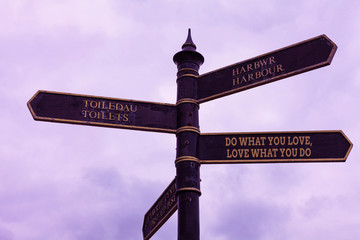 Fototapeta premium Word writing text Do What You Love Love What You Do. Business photo showcasing Pursue your dreams or passions in life Road sign on the crossroads with blue cloudy sky in the background