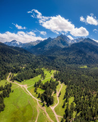 Panoramic nature mountains landscape in the summer day. Aerial drone view from above