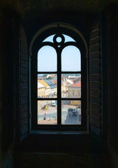 stylish window in the town hall overlooking the city of Jicin, Czech Republic