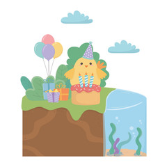 Chicken cartoon with happy birthday icon design