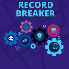 Word writing text Record Breaker. Business photo showcasing someone or something that beats previous best result Set of Global Online Social Networking Icons Inside Colorful Cog Wheel Gear