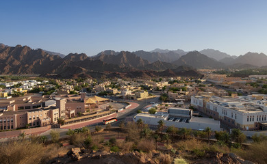 View from the top on town of Hatta and rocks in the background. Hatta is an enclave of Dubai in the...