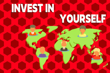 Handwriting text writing Invest In Yourself. Conceptual photo learn new things or materials thus making your lot better Connection multiethnic persons all over world. Global business earth map