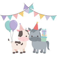 Obraz na płótnie Canvas Donkey and cow cartoon with happy birthday icon design