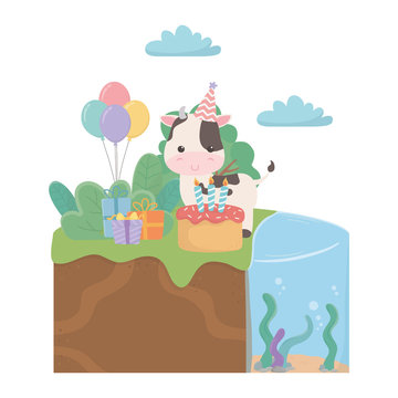 Cow cartoon with happy birthday icon design