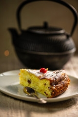 pie, teapot, silver spoon
