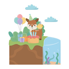 Reindeer and chicken with happy birthday icon design