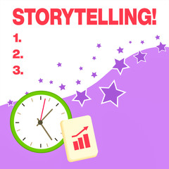 Text sign showing Storytelling. Business photo text activity writing stories for publishing them to public Layout Wall Clock Notepad with Escalating Bar Graph and Arrow Pointing Up