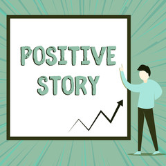 Word writing text Positive Story. Business photo showcasing Meaningful and motivating article Good News Success scoop View young man standing pointing up blank rectangle Geometric background