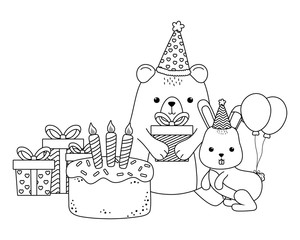 Bear and rabbit with happy birthday icon design