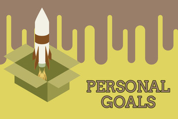 Writing note showing Personal Goals. Business concept for Target set by a demonstrating to influence his efforts Motivation Fire launching rocket carton box. Starting up project. Fuel inspiration