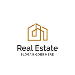 House line art gold color real estate logo design