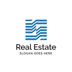 Abstract modern blue line art buildings and architecture real estate logo design