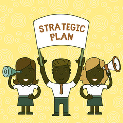 Word writing text Strategic Plan. Business photo showcasing A process of defining strategy and making decisions People with Blank Banner, Megaphone and Spy Glass Peaceful Demonstration