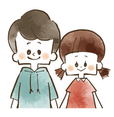 男の子と女の子-兄妹-水彩