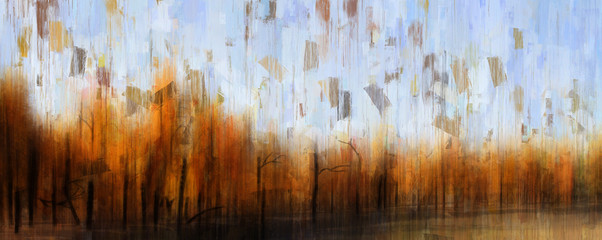 Abstract painting of autumn trees with yellow leaves, digital illustration