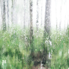 Green shades abstract painting of trees in rainforest with fog, digital illustration