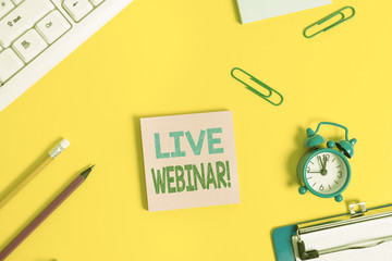 Text sign showing Live Webinar. Business photo showcasing presentation lecture or seminar...