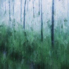 Green shades abstract painting of trees in rainforest with fog, digital illustration