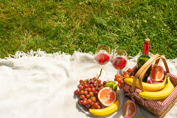 Picnic, outdoor recreation with space. Summer and mood. Weekend and vacation, solarium mood.