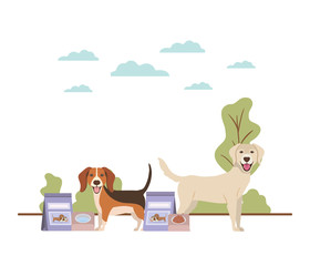 dogs with bowl and pet food on landscape