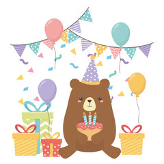 Bear cartoon with happy birthday icon design